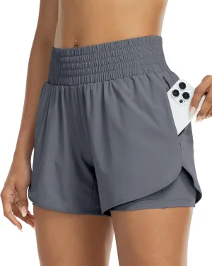 YEZII Womens High Waist Running Shorts Athletic Workout Quick Dry Shorts for Women with Pockets Gym Yoga White Summer Shorts
