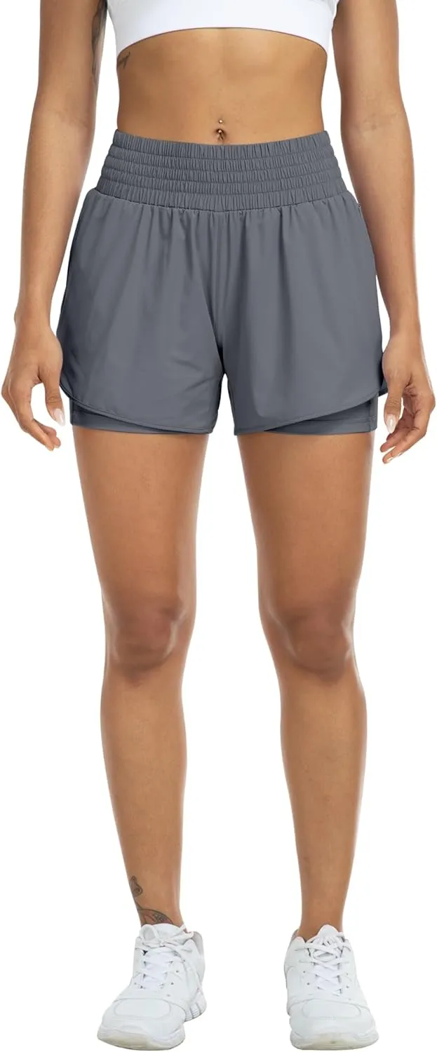 YEZII Womens High Waist Running Shorts Athletic Workout Quick Dry Shorts for Women with Pockets Gym Yoga White Summer Shorts