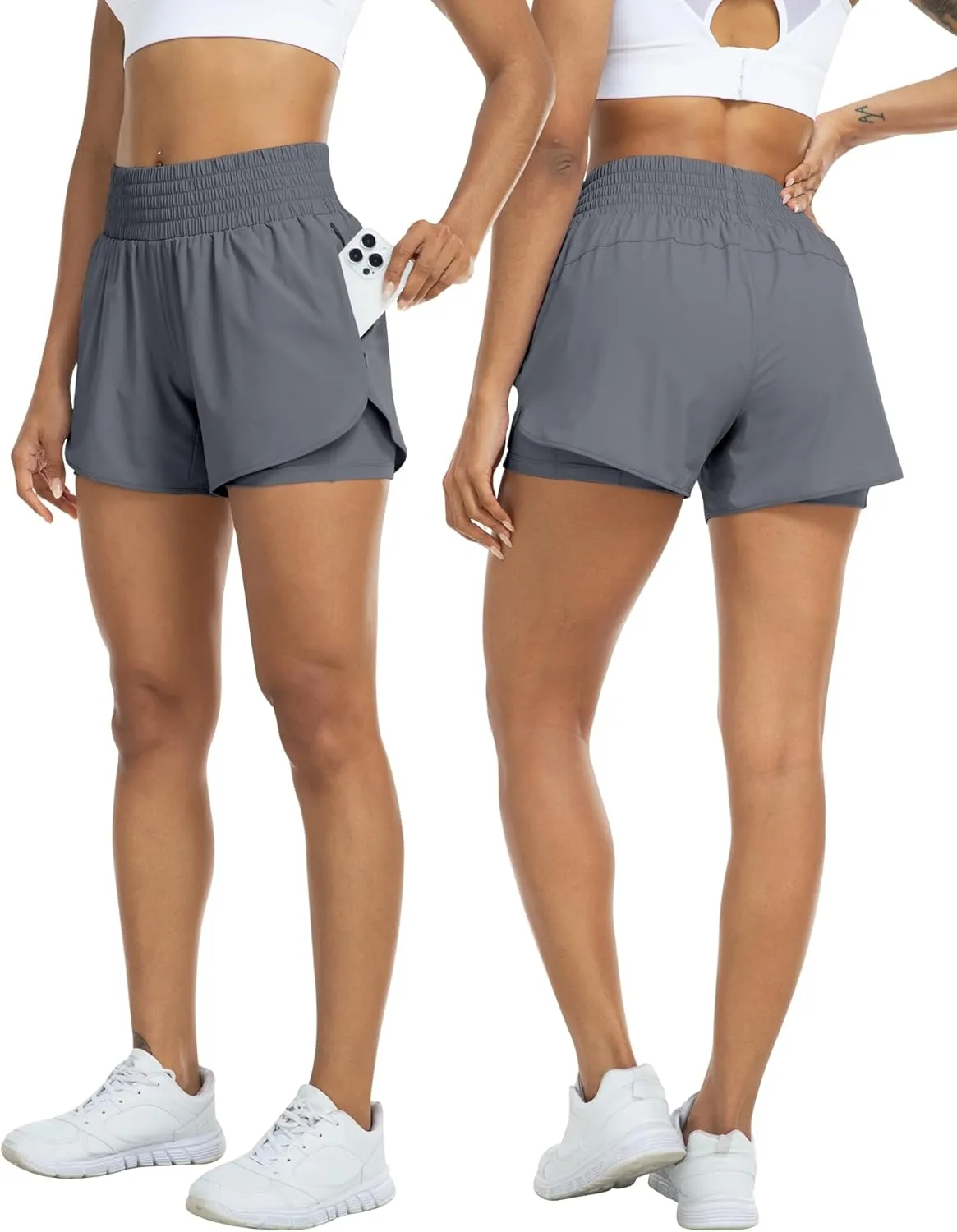 YEZII Womens High Waist Running Shorts Athletic Workout Quick Dry Shorts for Women with Pockets Gym Yoga White Summer Shorts