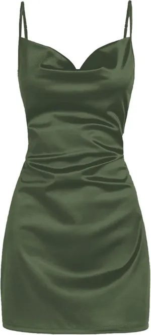 ZAFUL Women's Satin Sleeveless Spaghetti Strap Mini Dress Sexy Slip Cowl Neck Silky Cocktail Party Dresses